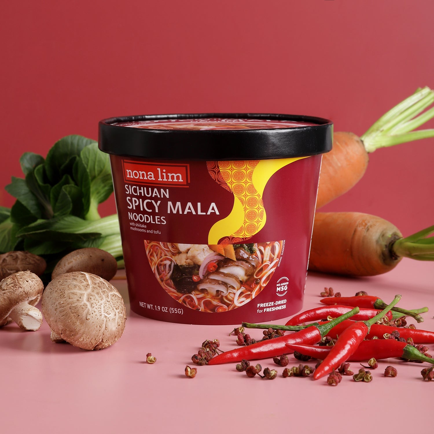 Nona Lim Sichuan Spicy Mala Instant Noodle Bowl with ingredients